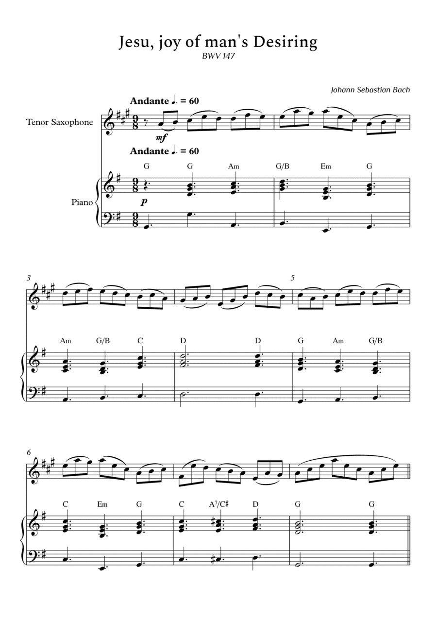Jesu, joy of man's Desiring for Tenor Sax and Piano (With Chords) - Score and Parts (arr. Cássio Silva Chaves)