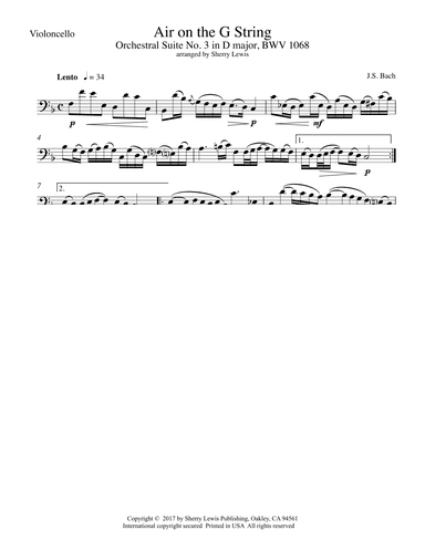 Air on the G String for Cello Solo,  J.S. Bach (arr. Sherry Lewis)
