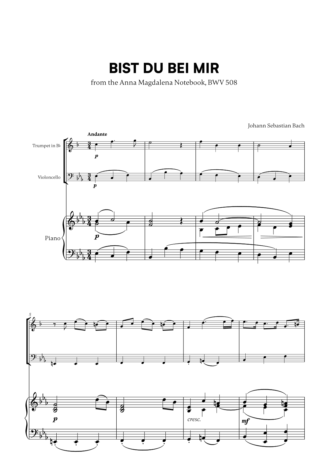 Johann Sebastian Bach - Bist du bei Mir BWV 508 (for Trumpet in Bb, Cello and Piano) (arr. Cadenza Editions)