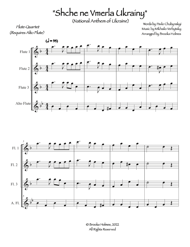 Schche ne Vmerla Ukrainy (Flute Quartet in d) National Anthem Of Ukraine - Alto Flute on part 4 (arr. Brooks Holmes)