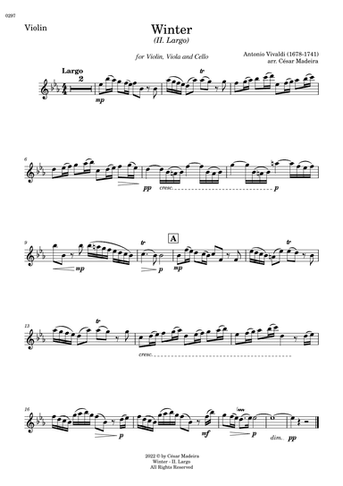 Winter by Vivaldi - Violin, Viola and Cello - II. Largo (Individual Parts) (arr. César Madeira)
