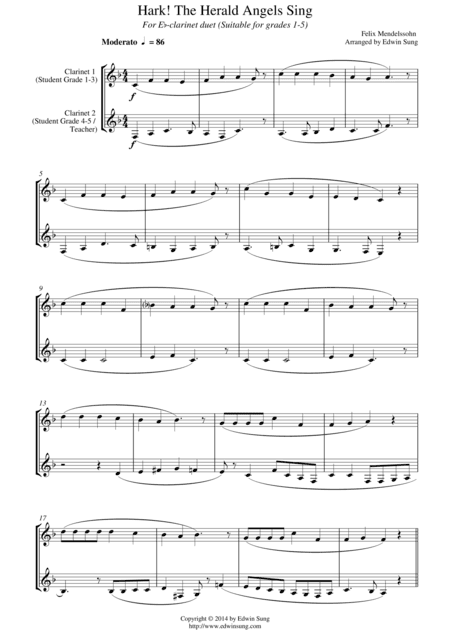 Hark! The Herald Angels Sing (for Eb-clarinet duet, suitable for grades 1-5) (arr. Edwin Sung)