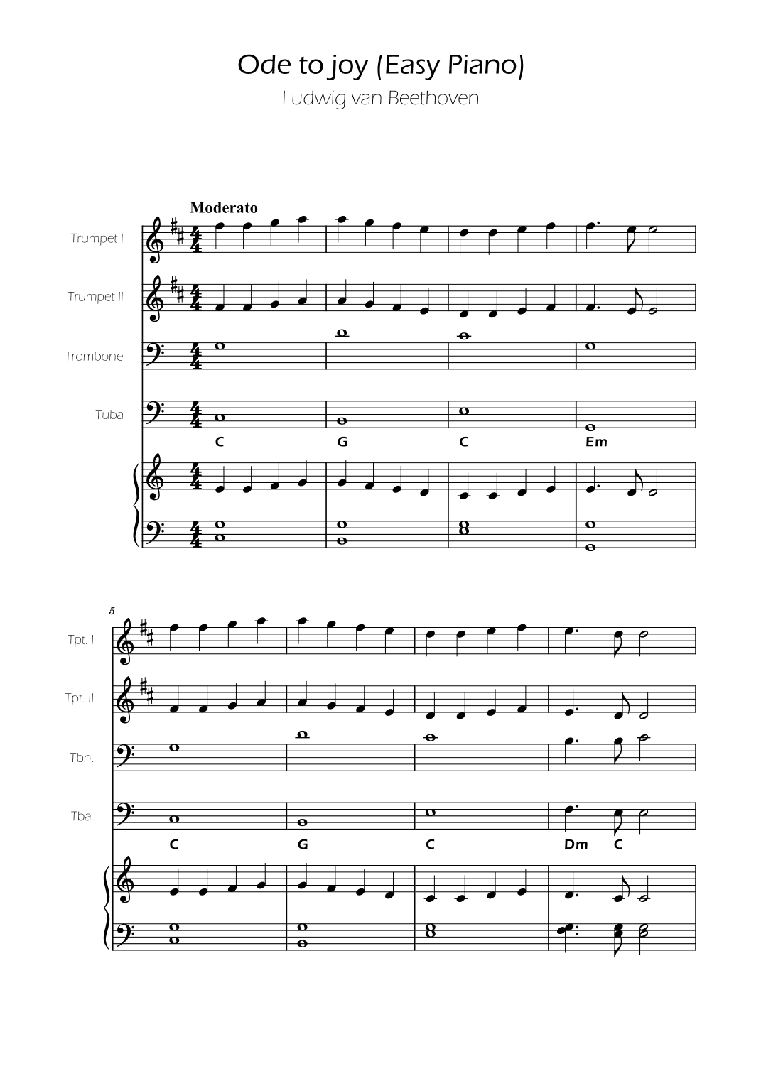 Ode To Joy - Easy Brass Quartet w/ piano accompaniment (arr. Ygor Nunes)