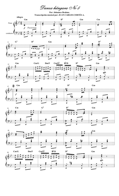 Danza húngara (Ungarischer Tanz) No 5 (WoO 1) por Johannes Brahms Nissen y Kéler Béla. (arr. Juan Carlos Cortés A.)