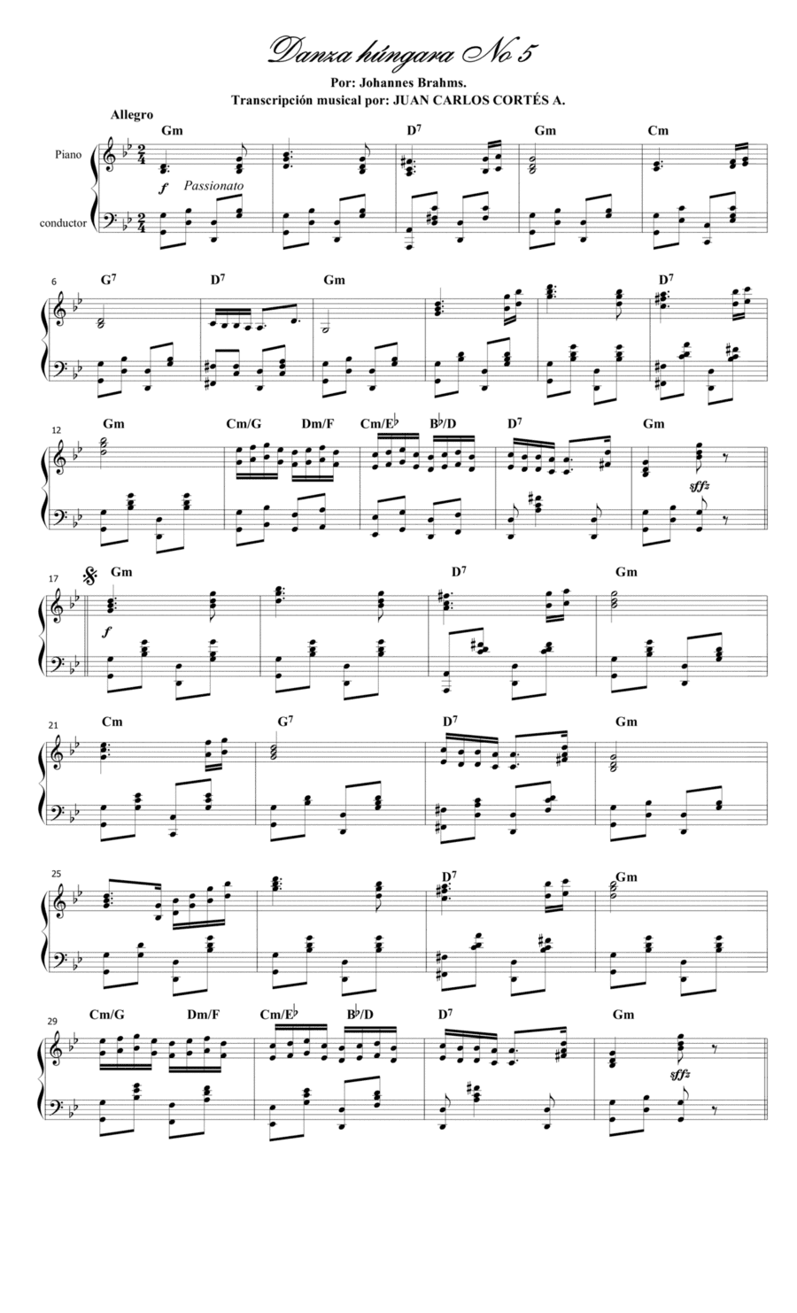 Danza húngara (Ungarischer Tanz) No 5 (WoO 1) por Johannes Brahms Nissen y Kéler Béla. (arr. Juan Carlos Cortés A.)