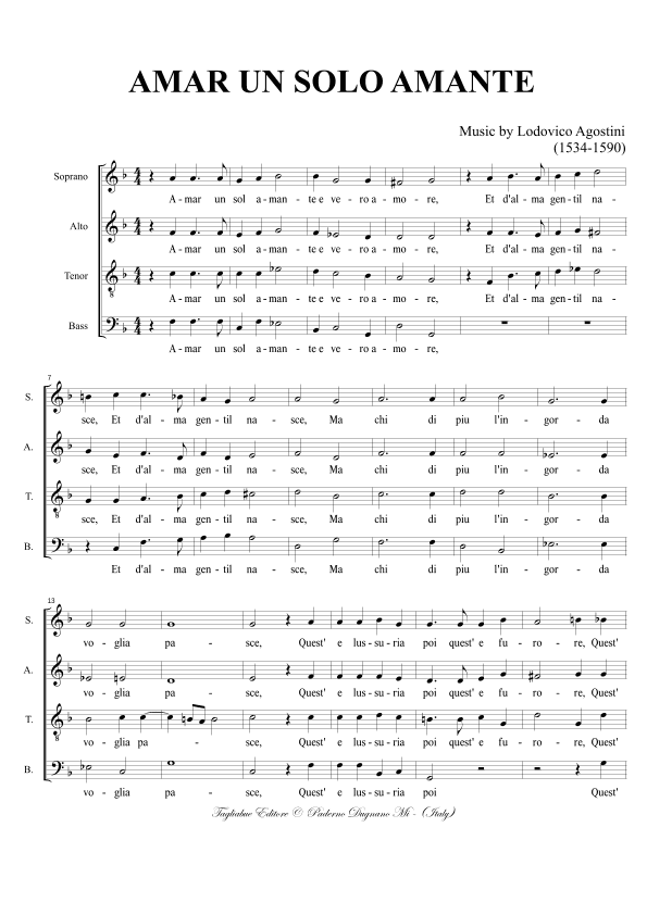 AMAR UN SOLO AMANTE - (Love only one lover) - L.Agostini - For SATB Choir (arr. Renato Tagliabue)