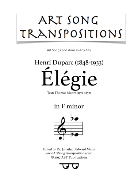 DUPARC: Élégie (transposed to F minor) (arr. ArtSongTranspositions.com)