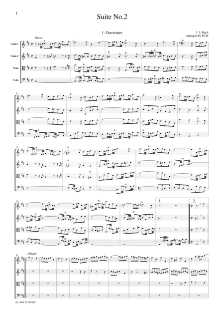 J.S.Bach  Suite No.2, all mvts., BWV1067, for string quartet, CB216 (arr. FCMUSIC)