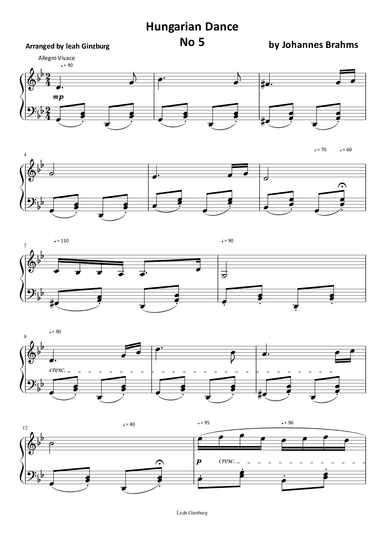 Hungarian Dance No 5 in G Minor by Johannes Brahms (arr. Leah Ginzburg)