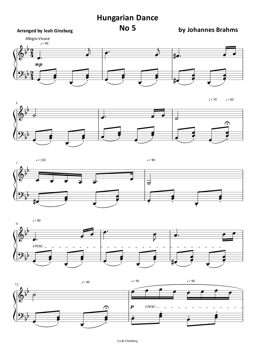 Hungarian Dance No 5 in G Minor by Johannes Brahms (arr. Leah Ginzburg)