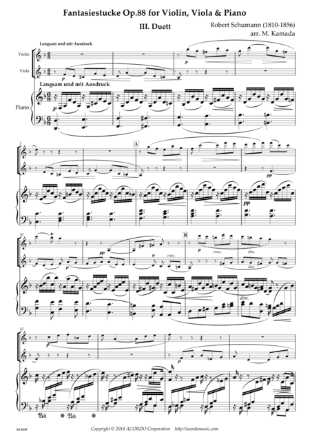 Fantasiestucke Op.88 III Duett for Violin, Viola & Piano (arr. Mikio Kamada)