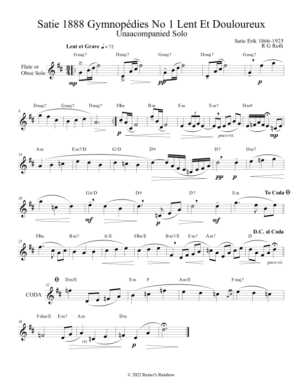 Satie Gymnopédies No 1 Lent Flute or Oboe Solo (arr. R G Roth)