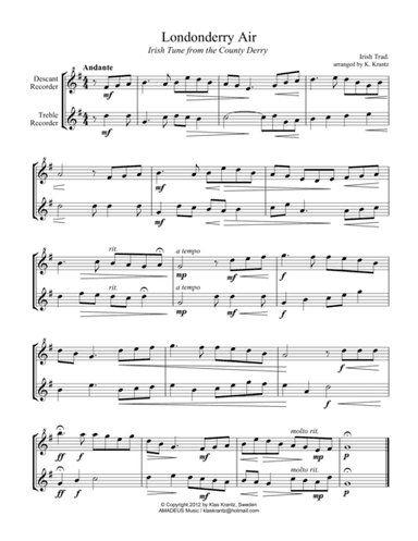 Londonderry Air for recorder duet (Descant, Treble) (arr. K. Krantz)