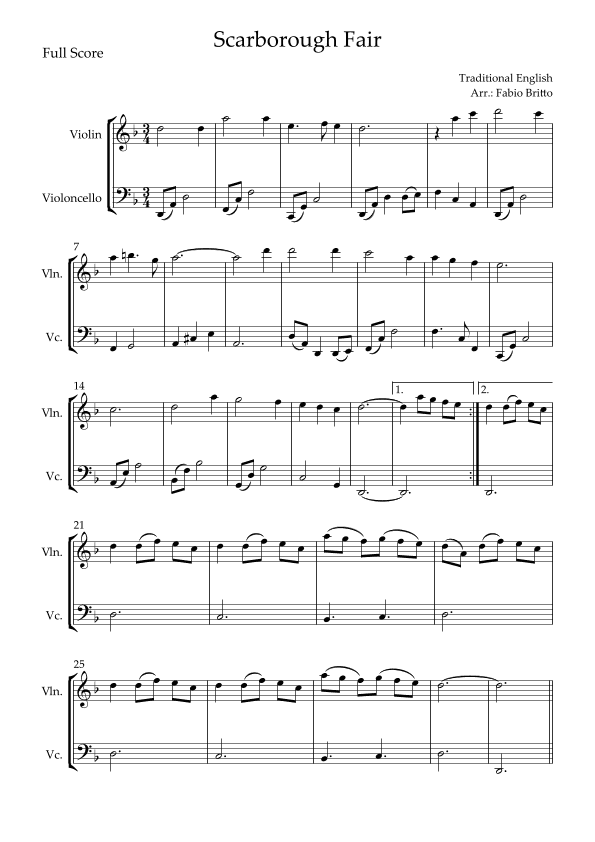 Scarborough Fair for Violin & Cello Duo (arr. Fabio Britto)