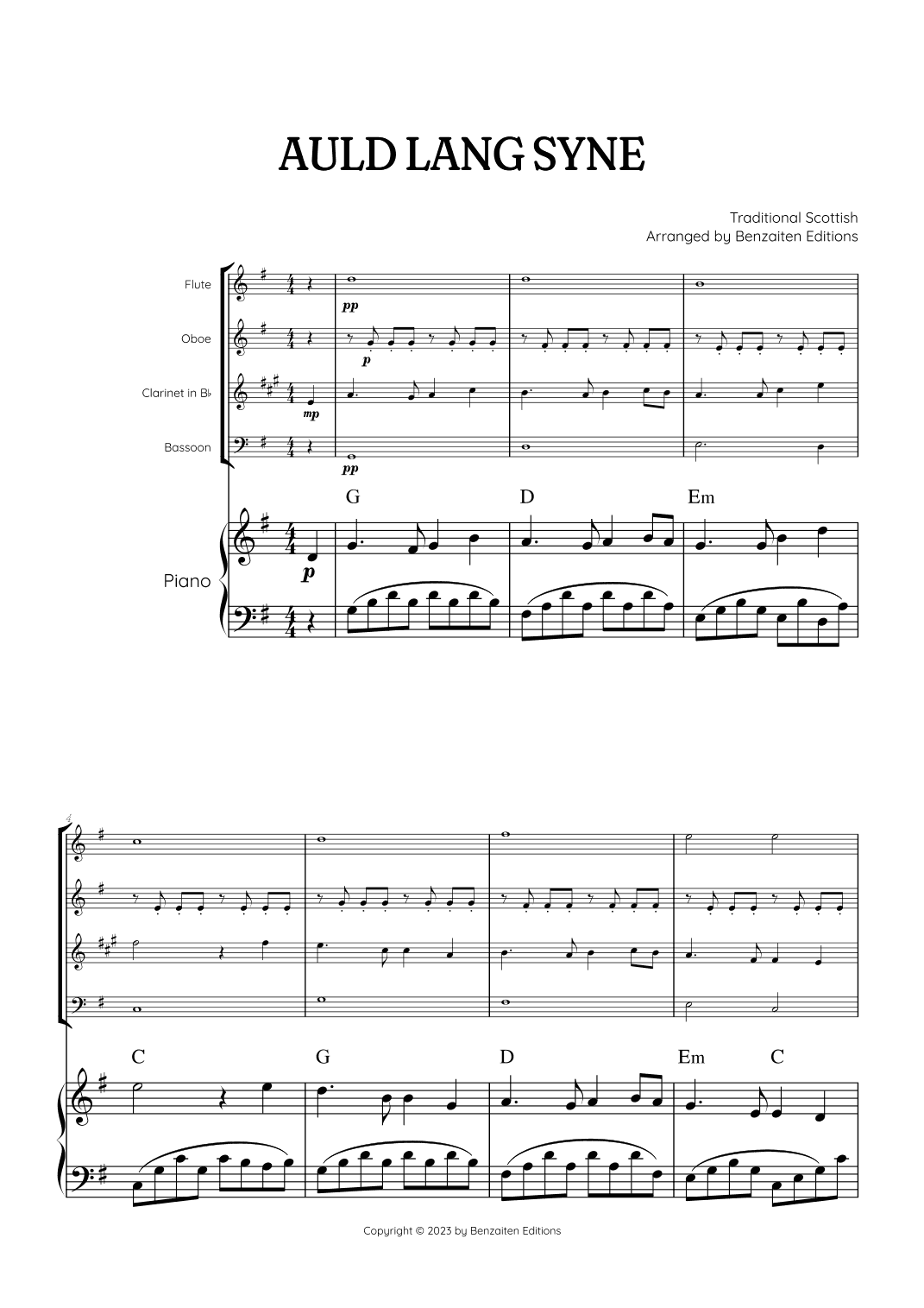 Auld Lang Syne • New Year's Anthem | Woodwind Quartet & Piano Accompaniment sheet music with chords (arr. Benzaiten Editions)