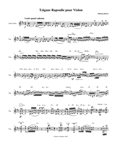 Ravel 1924 Tzigane For Violin Solo with Clarinet, Piano (or Accordian) & String Bass (Quartet) (arr. R G Roth)