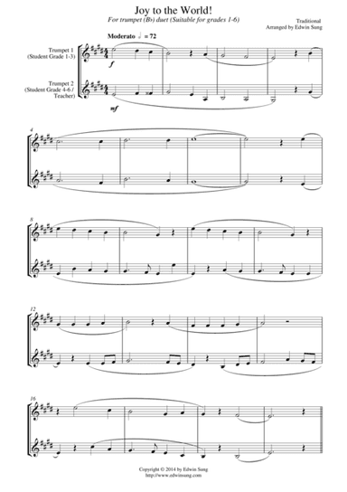 Joy to the World (for trumpet (Bb) duet, suitable for grades 1-5) (arr. Edwin Sung)