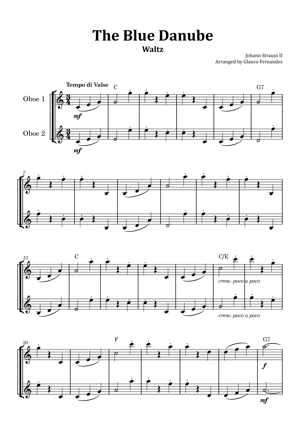 The Blue Danube - Oboe Duet with Chord Notations (arr. Glauco Fernandes)