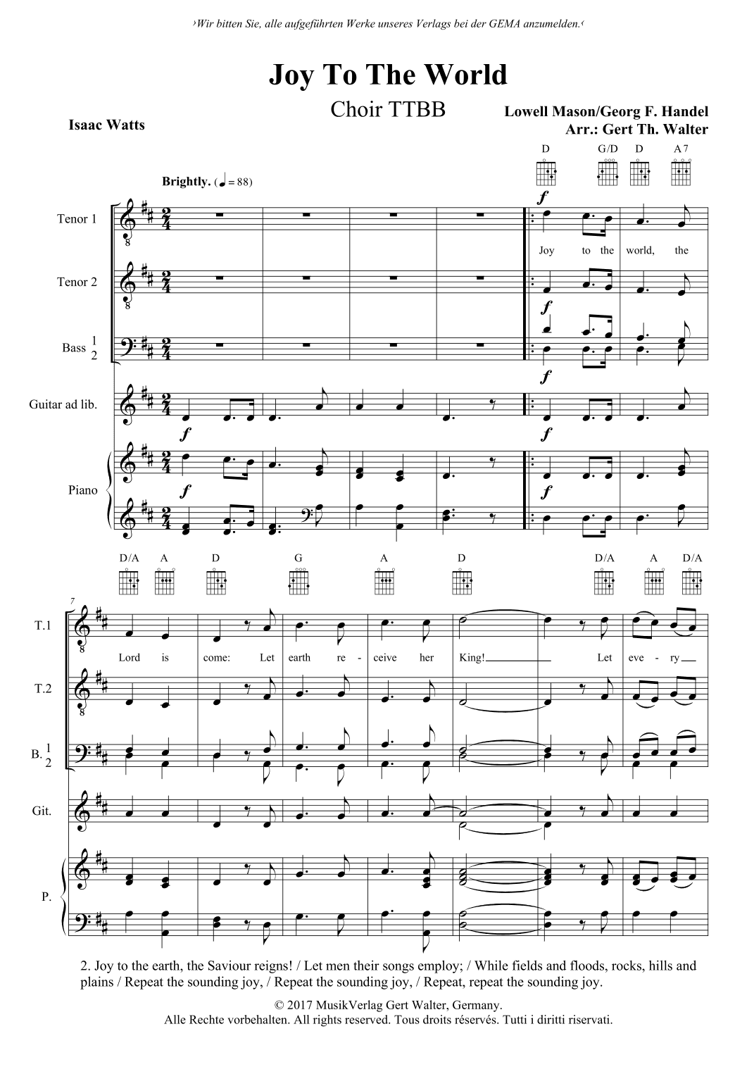 Joy To The World (arr. Gert Th. Walter)