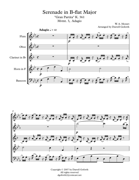Adagio from Serenade in Bb Major, K.361 (Gran Partita) arranged for Wind Quintet (arr. Darrell Goforth)