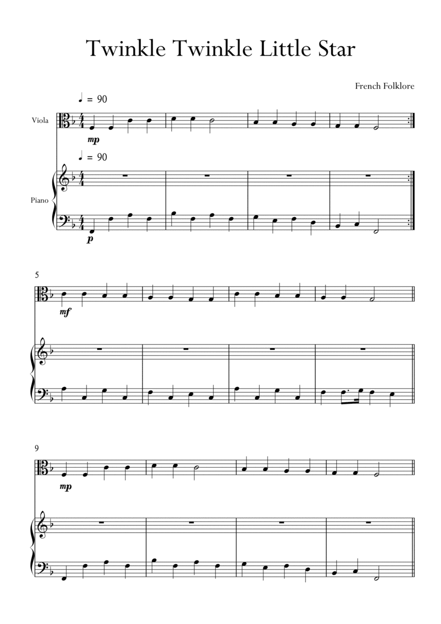 Twinkle Twinkle Little Star for Viola and Piano in F Major. Very Easy. (arr. Matheus Araújo)