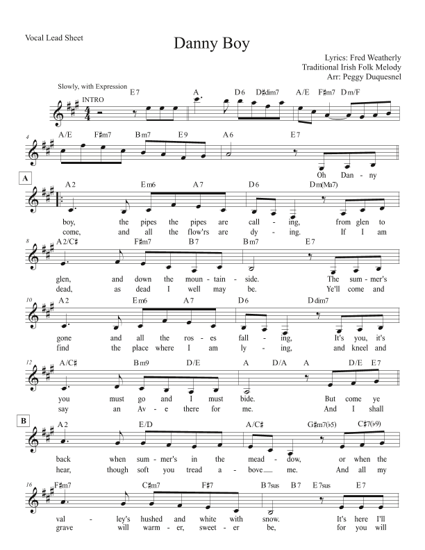 Danny Boy (Key of A) (arr. Duquesnel Music Publishing)