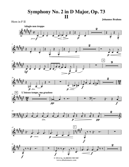 Brahms Symphony No. 2, Movement II - Horn in F 2 (Transposed Part), Op. 73 (arr. Doug Clyde)