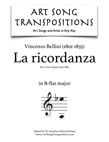 BELLINI: La ricordanza (transposed to B-flat major) (arr. ArtSongTranspositions.com)