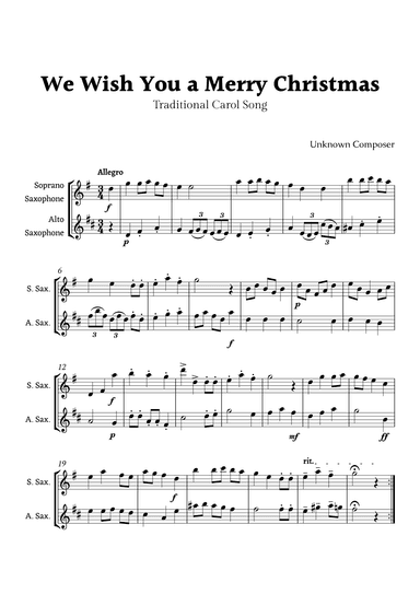 We Wish you a Merry Christmas for Soprano Sax and Alto Sax Duet (arr. Rika K.)