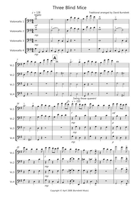 Three Blind Mice for Cello Quartet (arr. David Burndrett)