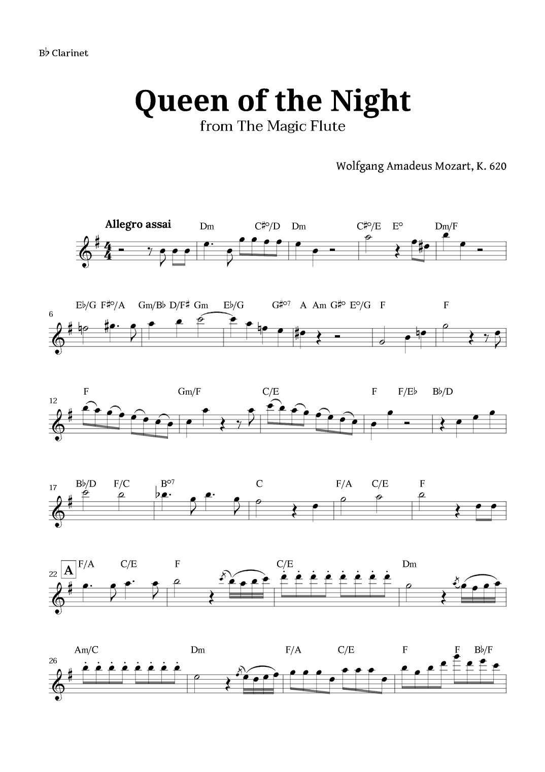 Queen of the Night by Mozart for Clarinet with Chords (arr. Langanho)