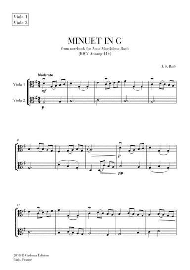 Minuet in G (from Anna Magdalena Notebook) for Viola Duet (String Duet) (arr. Cadenza Editions)