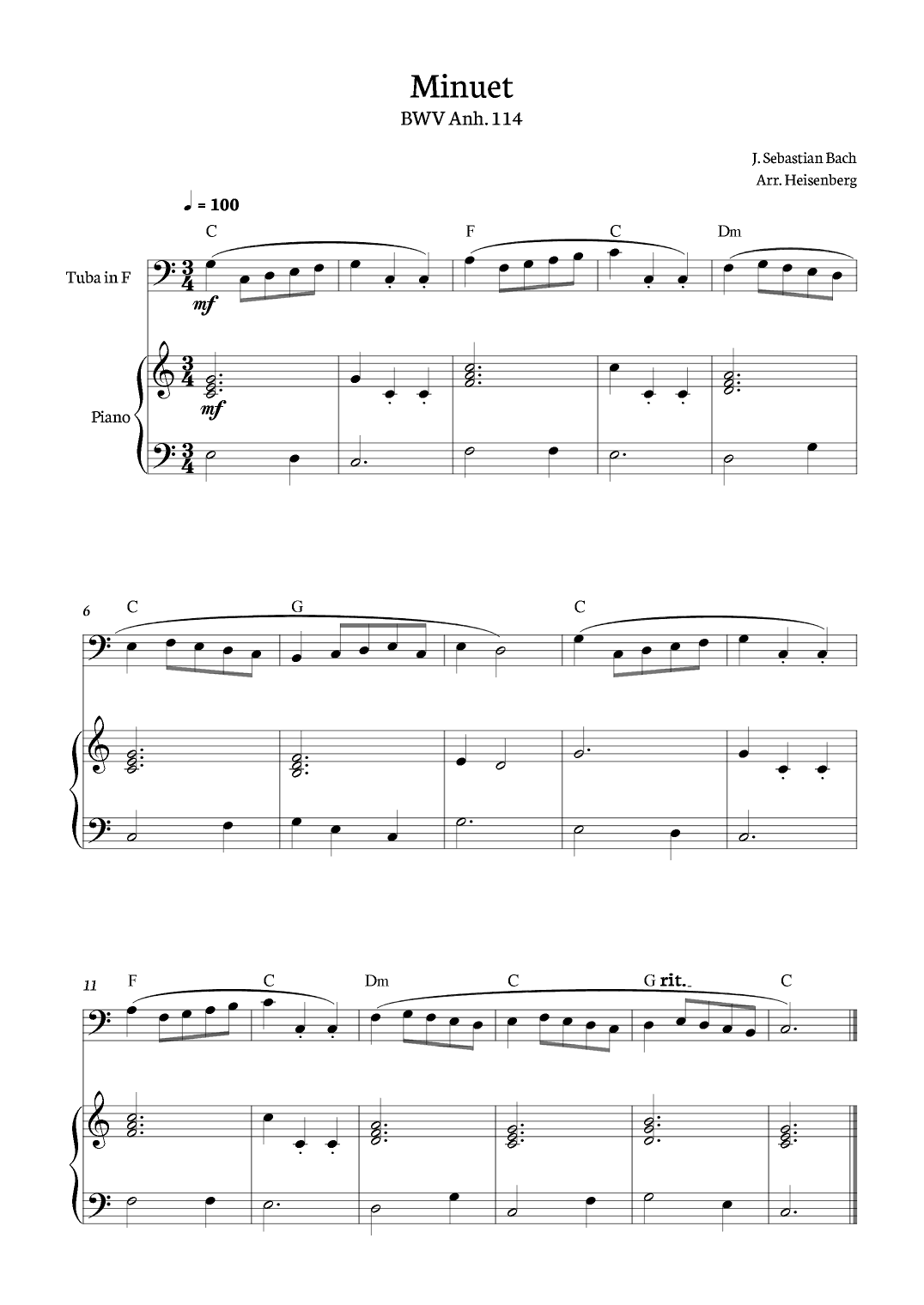 Minuet - Bach for Tuba solo with piano (arr. Heisenberg)