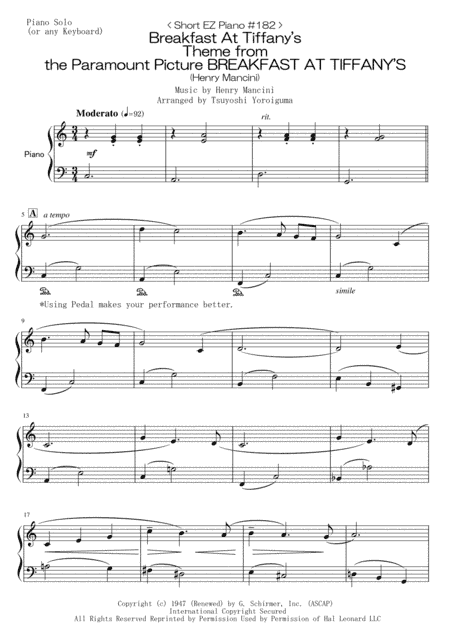 Breakfast At Tiffany's  Theme from the Paramount Picture BREAKFAST AT TIFFANY'S (arr. Tsuyoshi Yoroiguma)