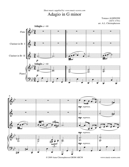 Albinoni Adagio - Flute, 2 Clarinets and Piano (arr. Anne L Christopherson GRSM ARCM)