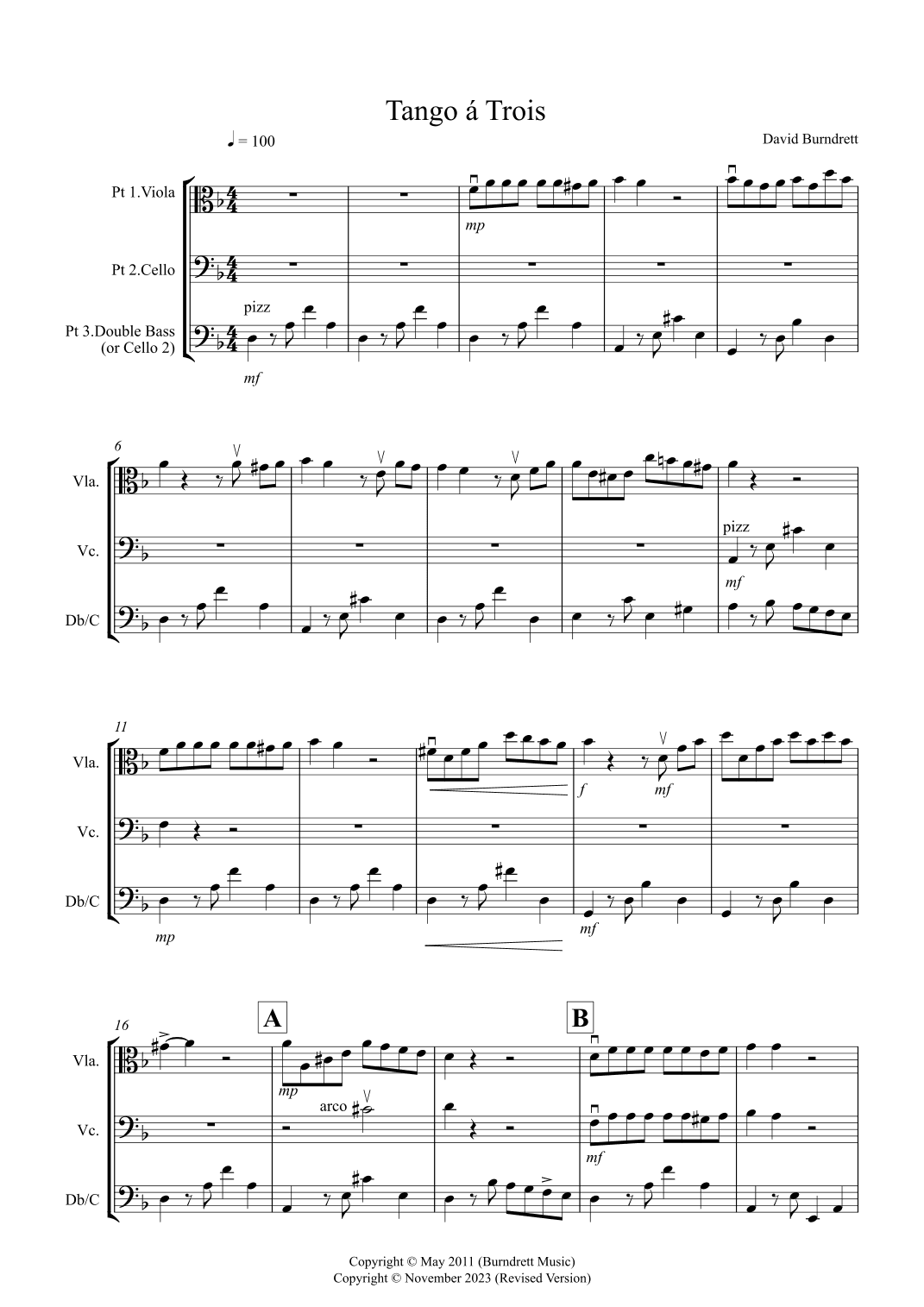Tango a Trios for Viola. Cello and Double Bass Trio