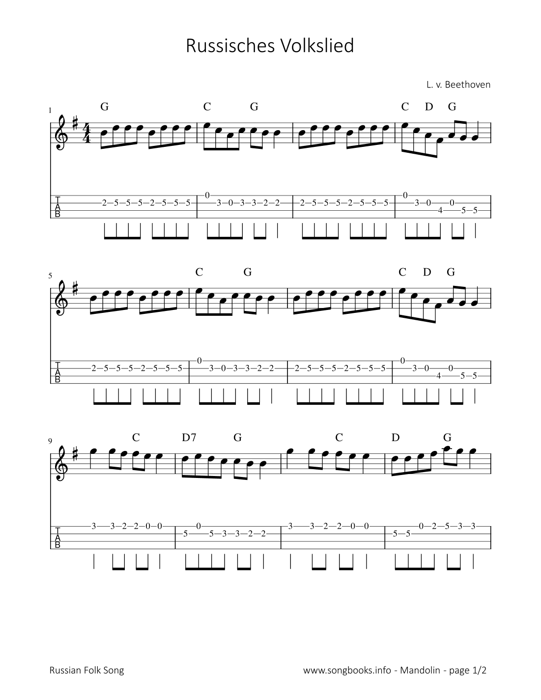 Russisches Volkslied - L. v. Beethoven (arr. songbooks.info)