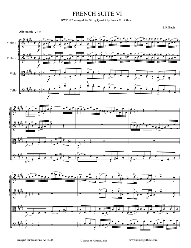 BACH: French Suite No. 6 BWV 817 for String Quartet (arr. James M. Guthrie)
