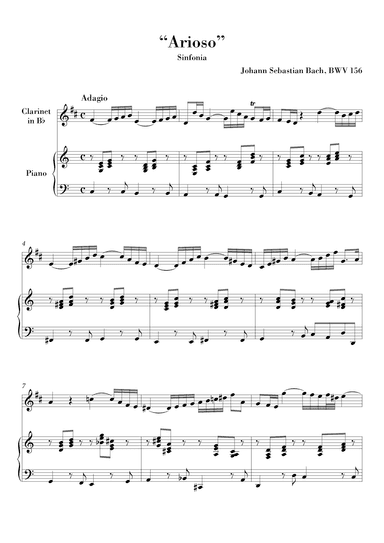 Bach Arioso (in C major) BWV 156 for Clarinet in Bb and Piano (arr. Ahiva Editions)