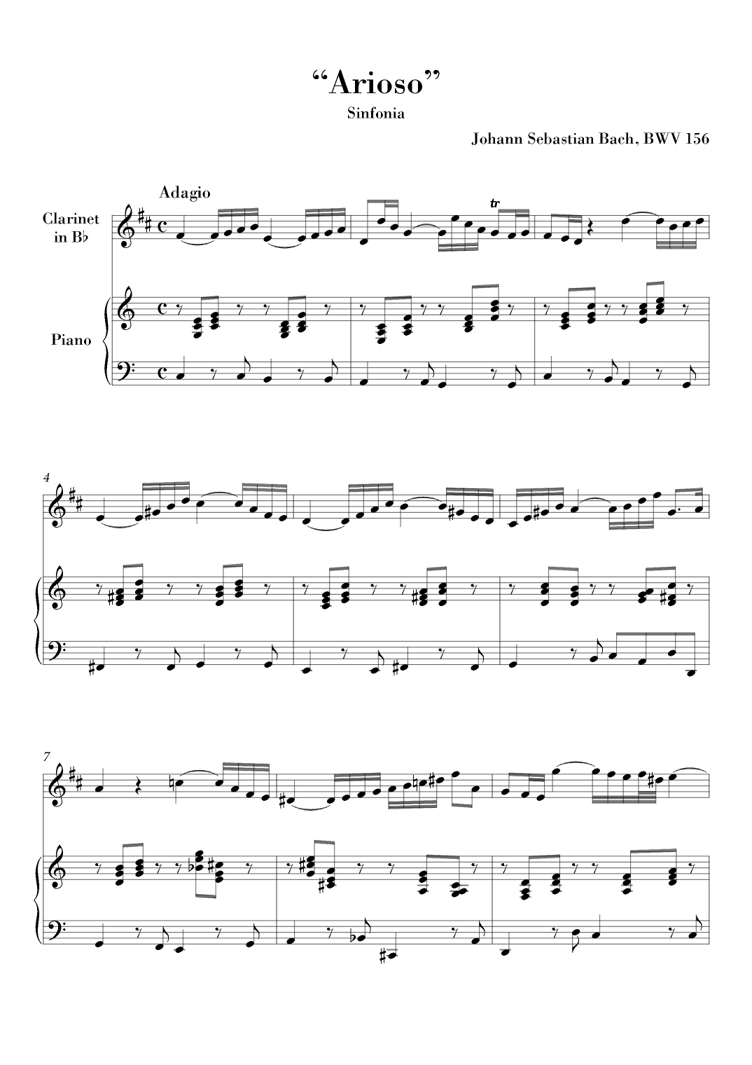 Bach Arioso (in C major) BWV 156 for Clarinet in Bb and Piano (arr. Ahiva Editions)