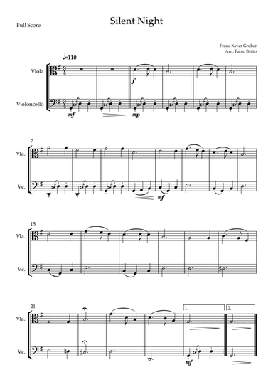 Silent Night (Christmas Song) for Viola & Cello Duo (arr. Fabio Britto)