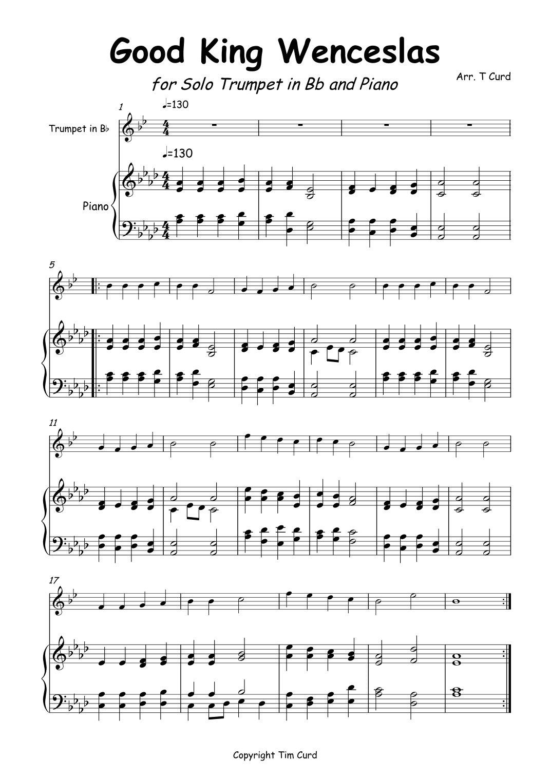 Good King Wenceslas for Trumpet in Bb and Piano (arr. Tim Curd)