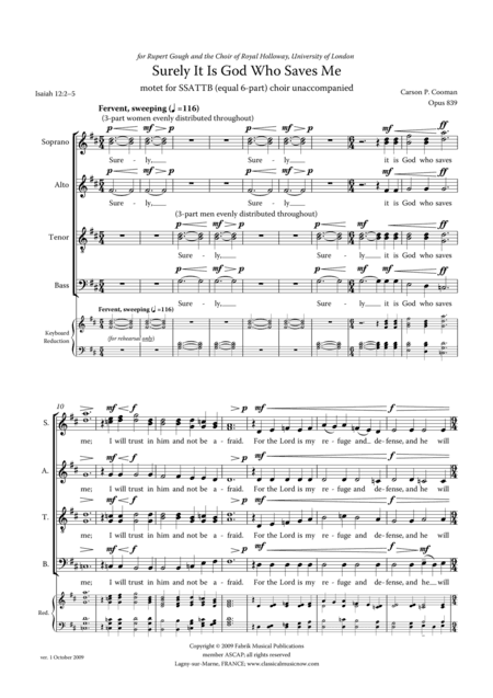 Carson Cooman - Surely It Is God Who Saves Me, Motet for SSATTB (equal 6-part) choir unaccompanied
