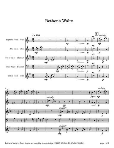 Bethena Waltz by Joplin for Woodwind Quartet in Schools (arr. Joseph Judge)