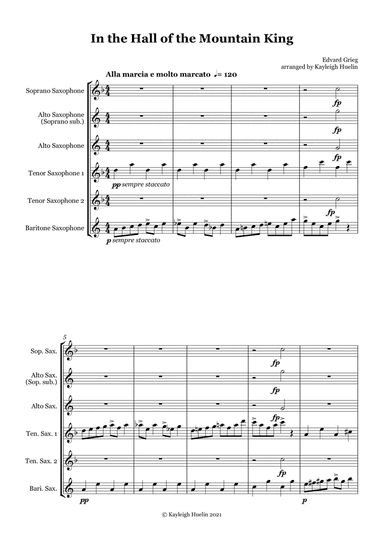 In the Hall of the Mountain King by Edvard Grieg - Saxophone quintet (SATTB/AATTB) (arr. Kayleigh Huelin)