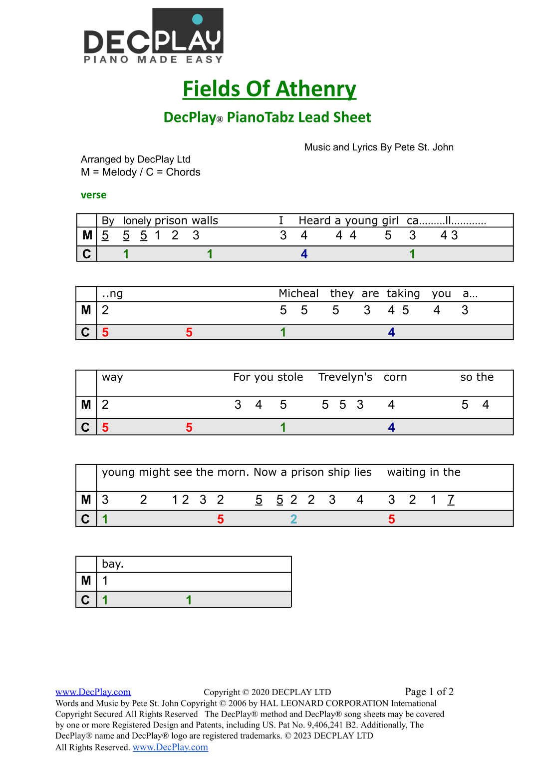 The Fields Of Athenry (arr. DecPlay Ltd)