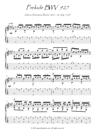 Bach for Guitar Prelude BWV 927 guitar solo (arr. PianoSheetNow)