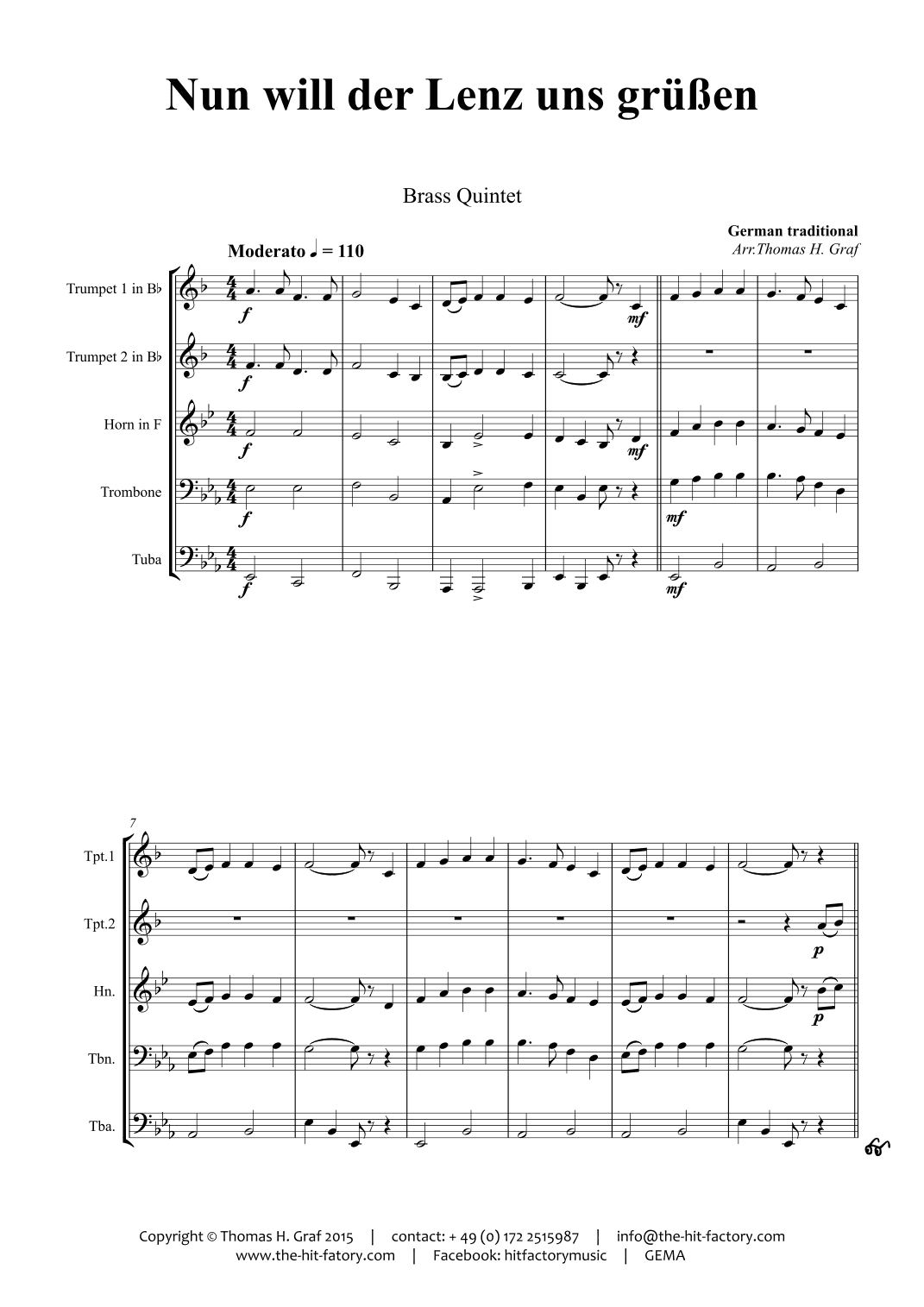 Nun will der Lenz uns gruessen - October Fest - Brass Quintet - F (arr. Thomas H. Graf)