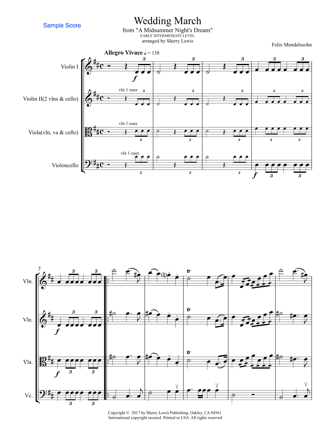WEDDING MARCH, String Trio, Early Intermediate Level for 2 violins and cello or violin, viola and ce (arr. Sherry Lewis Publishing)