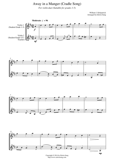Away in a Manger (Cradle Song) (for violin duet, suitable for grades 1-5) (arr. Edwin Sung)